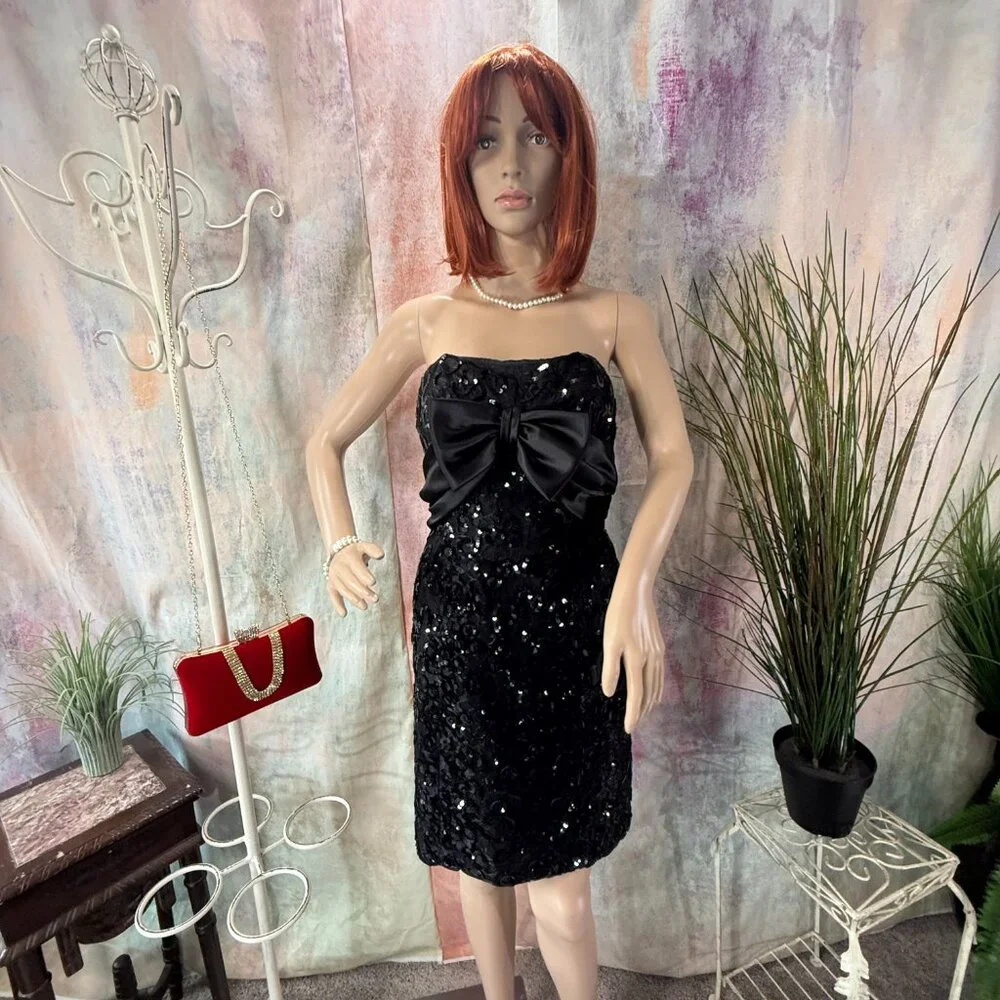 VTG📌 Mike Benet 90s Strapless Sequin Cocktail - Formal Mini Dress with Bow - Picture 5 of 16